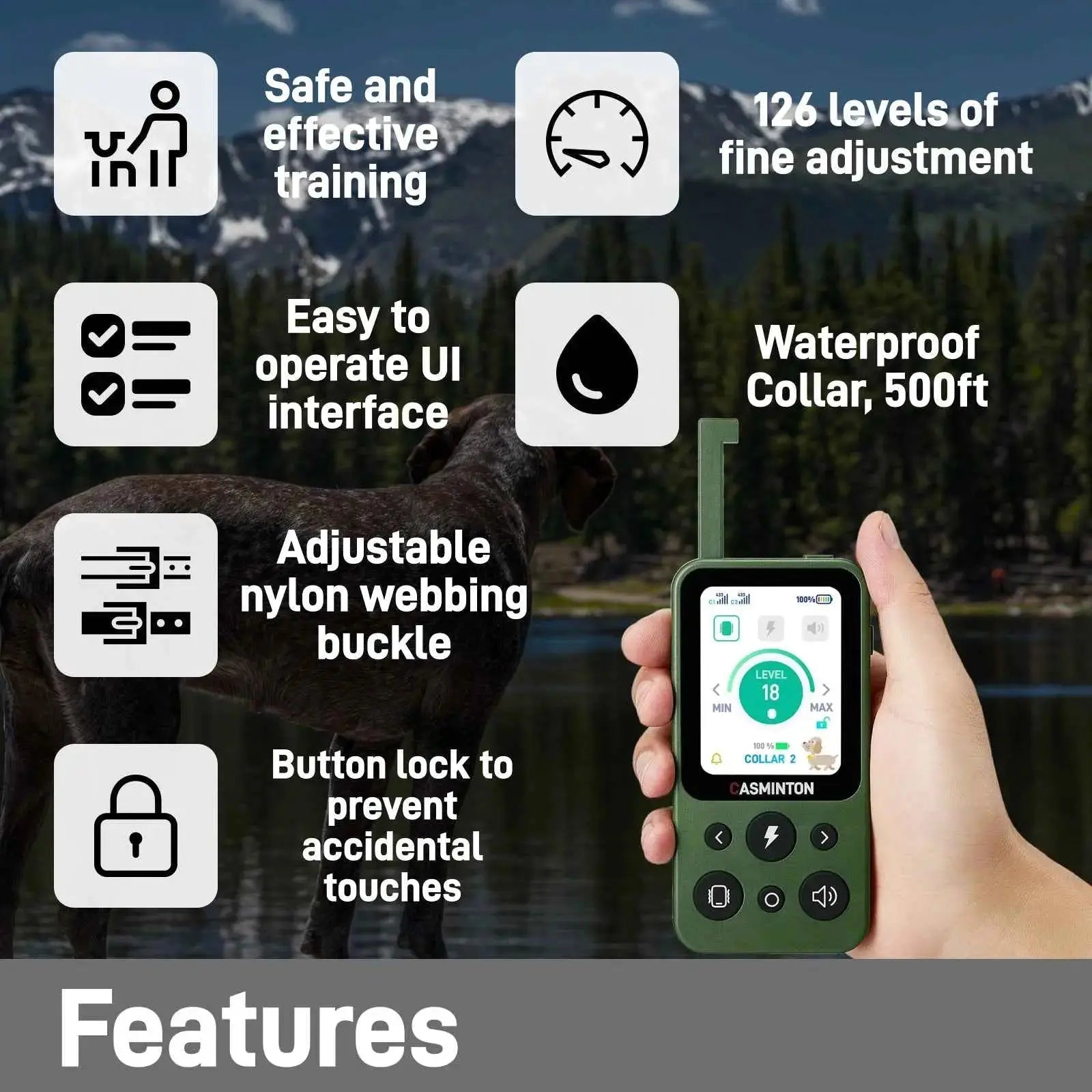 Hunter Green 1-dog e-collar features overview for safe outdoor and field dog training
