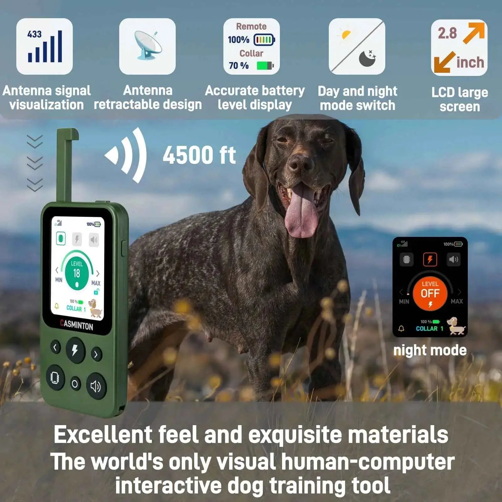 Hunter Green 1-dog long range shock collar featuring antenna signal visualization and night mode