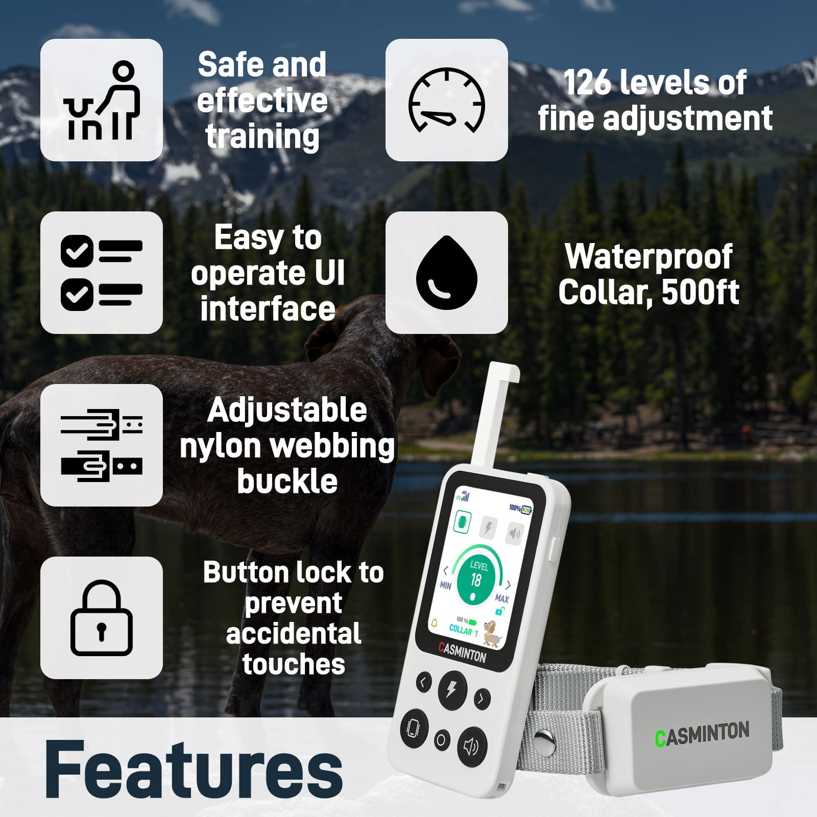 Safe and effective Arctic White 2-dog shock collar system with button lock to prevent accidental touches