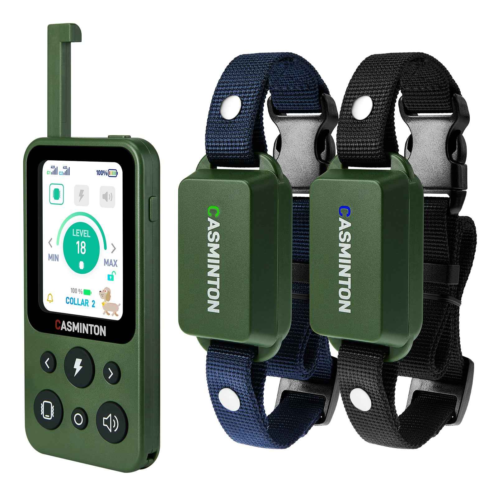 Hunter Green dual dog training collar system showing two receivers and one remote controller