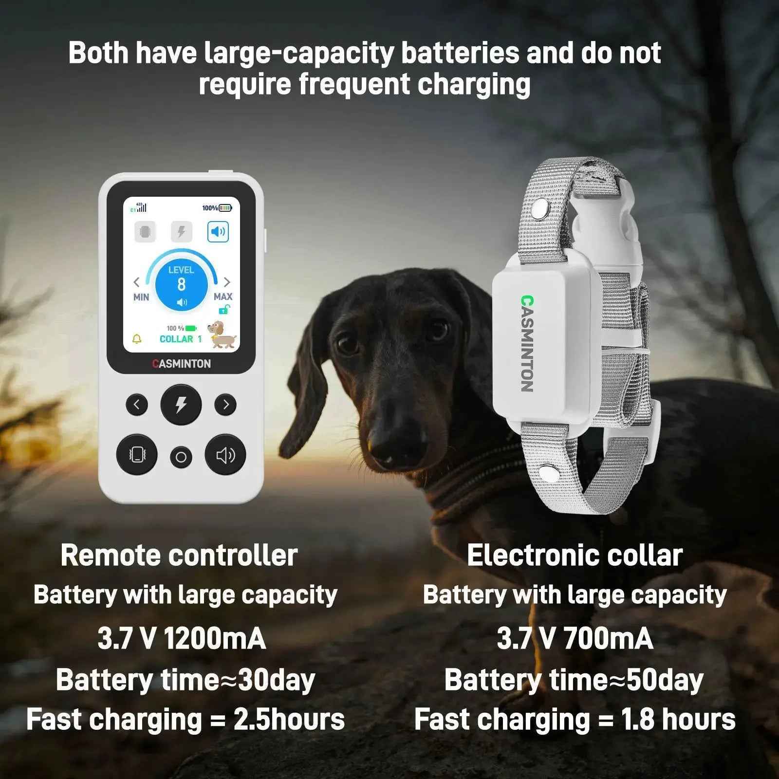 Arctic White 1-dog e-collar showing 1200mA large capacity battery and fast charging features