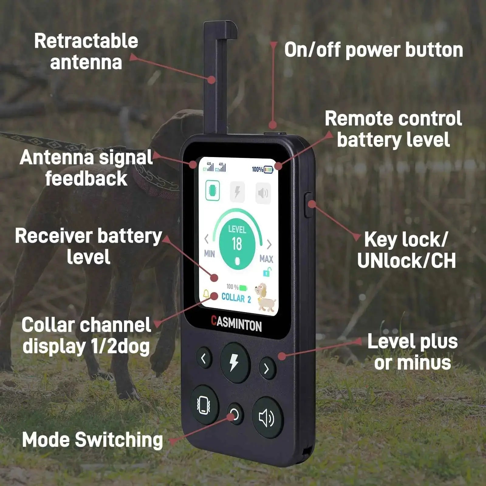 Key lock and mode switching buttons on the Tactical Navy dual dog training collar remote
