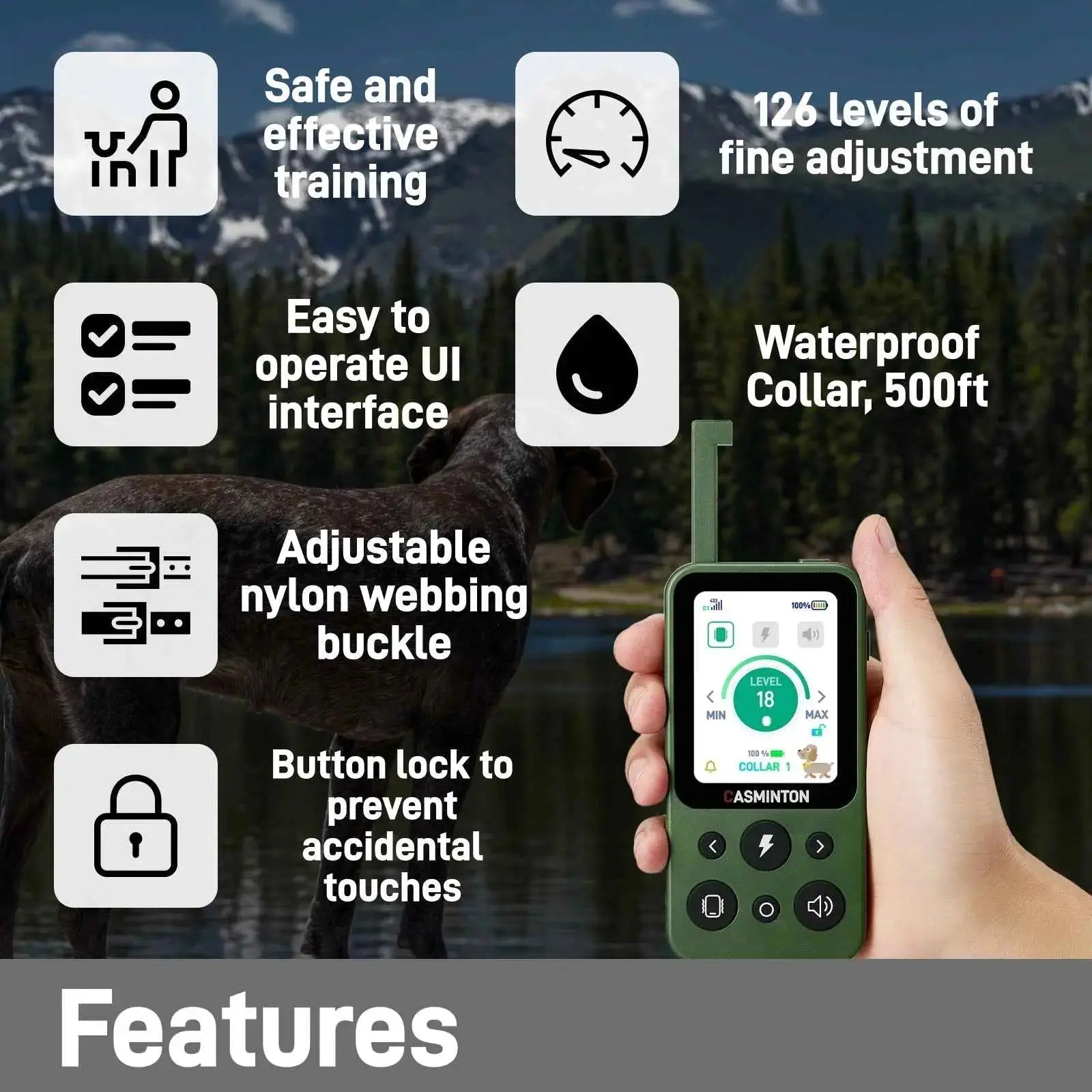 Hunter Green multi-dog training system showing 126 precision levels for safe 1-dog correction