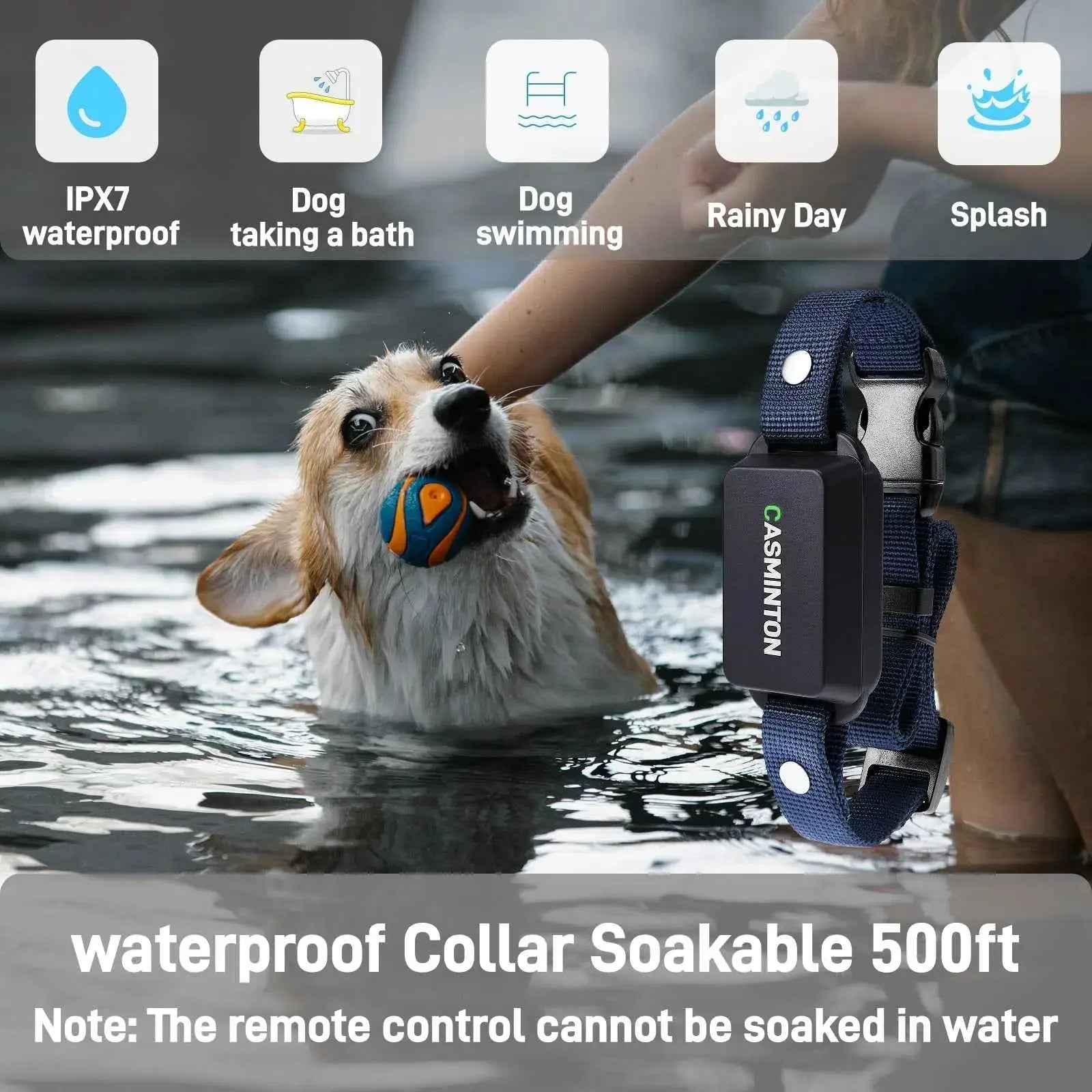 Tactical Navy 1-dog waterproof shock collar designed for rainy days, splashes, and water retrieval