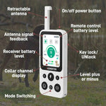 Detailed button layout of the Arctic White 1-dog training remote including antenna and mode switch