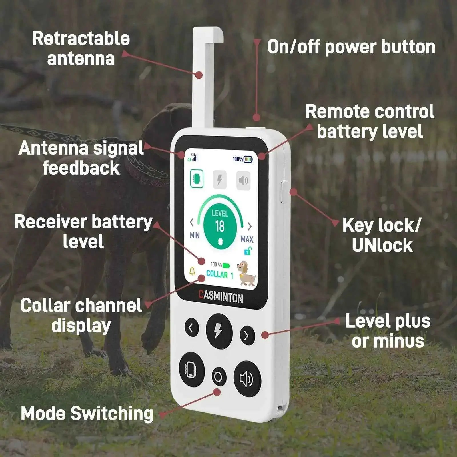 Detailed button layout of the Arctic White 1-dog training remote including antenna and mode switch
