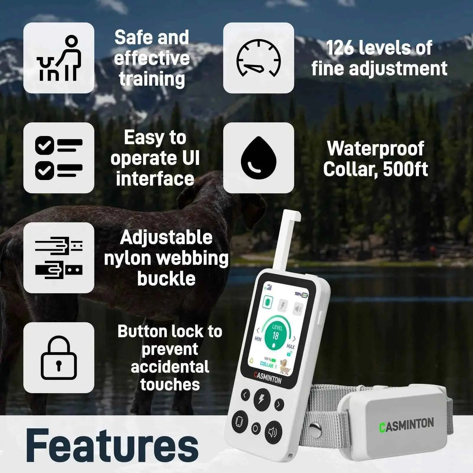 Arctic White 1-dog training collar highlighting safety lock, easy UI, and 126 levels of fine adjustment