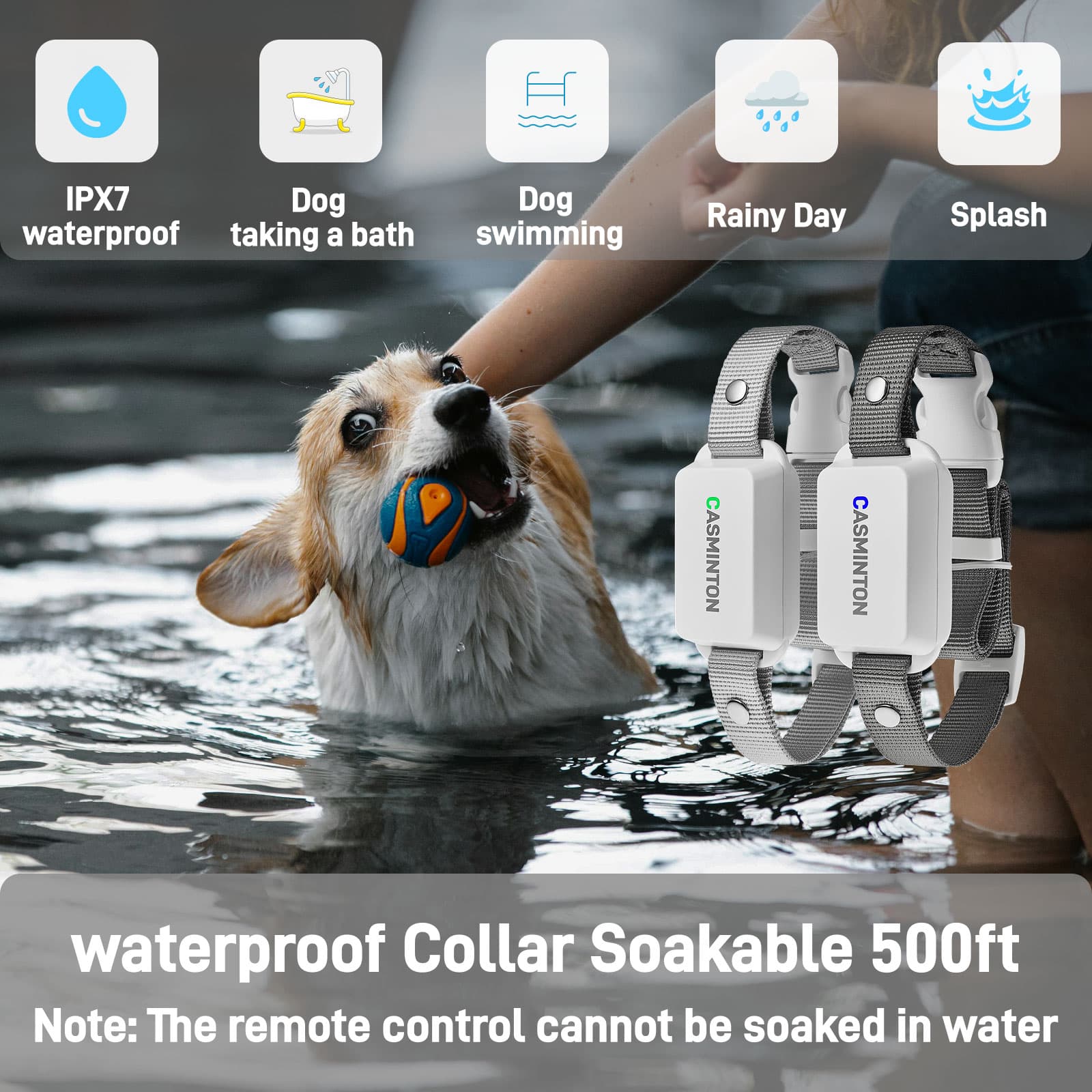 Fully soakable Arctic White 2-dog waterproof collar receivers for dogs taking a bath or swimming