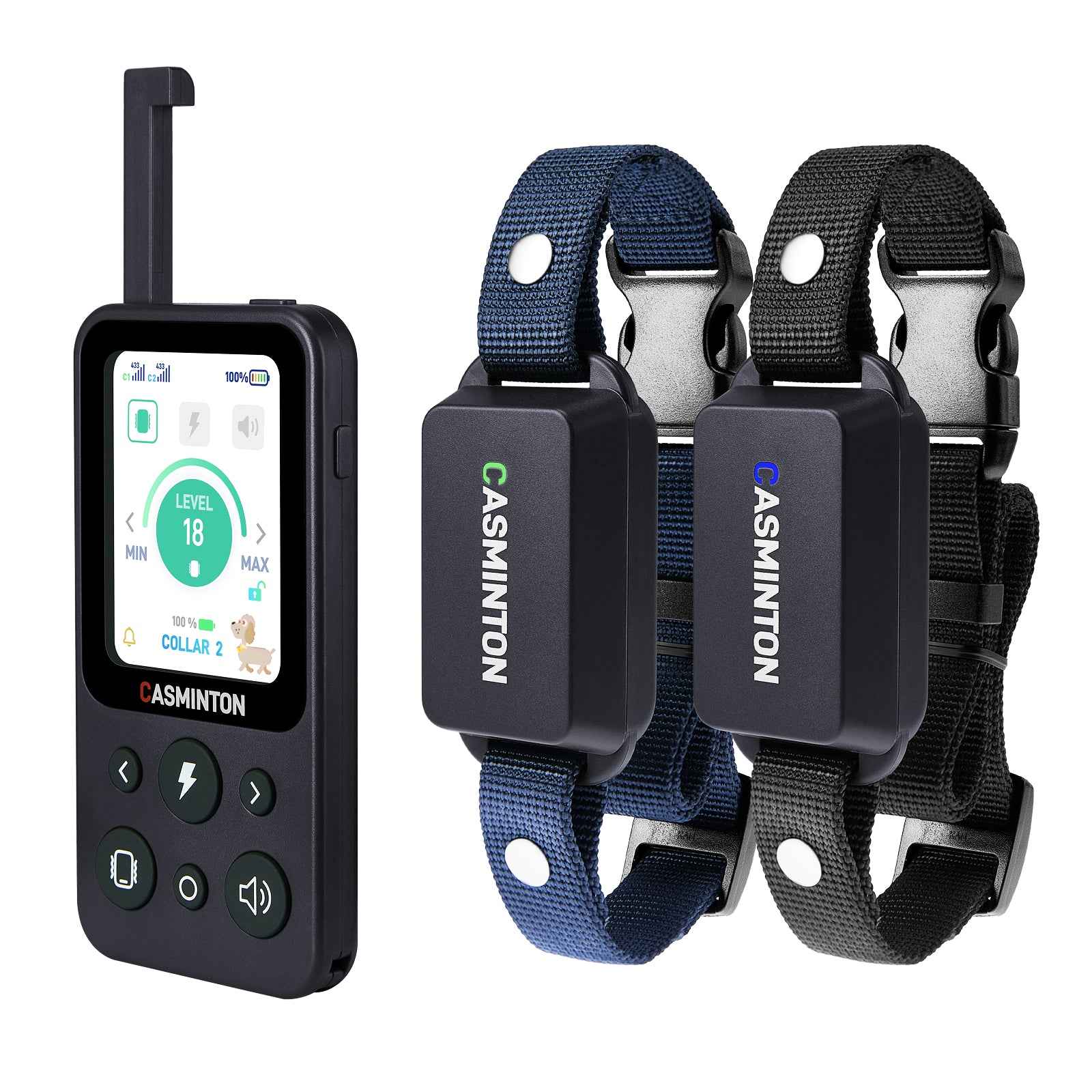 Tactical Navy blue 2-dog remote training collar set with adjustable straps and LCD display